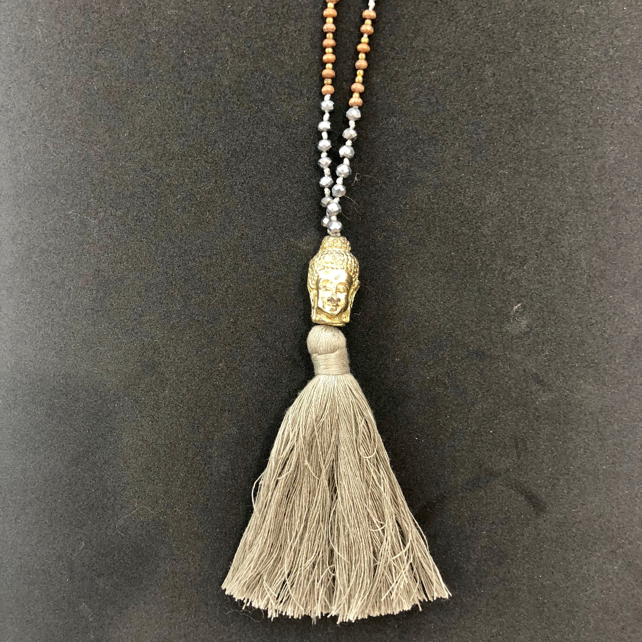 TM. Silver Wood Bead Buddha Tassel Necklace