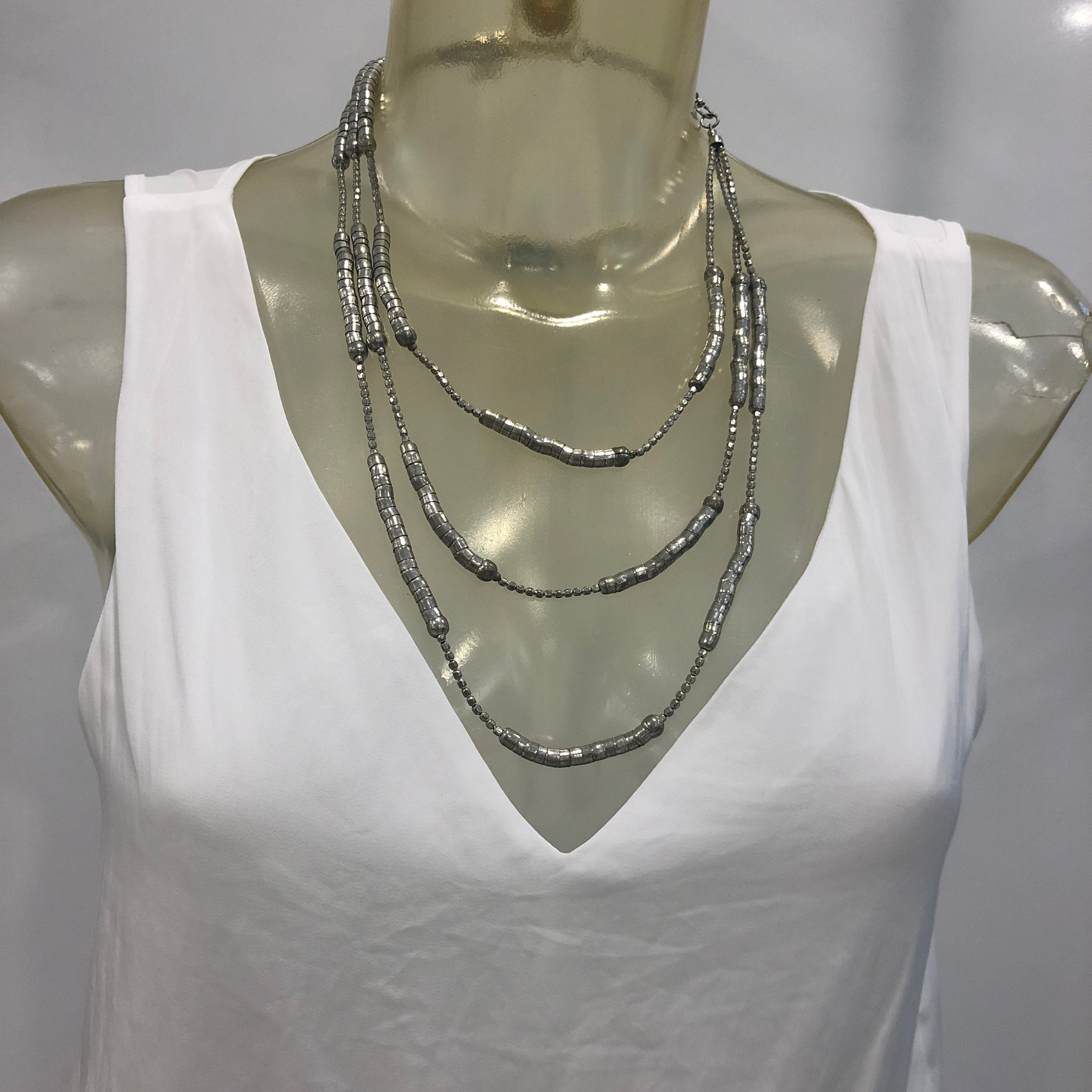 TM. Silver Metal Bead Tube Necklace