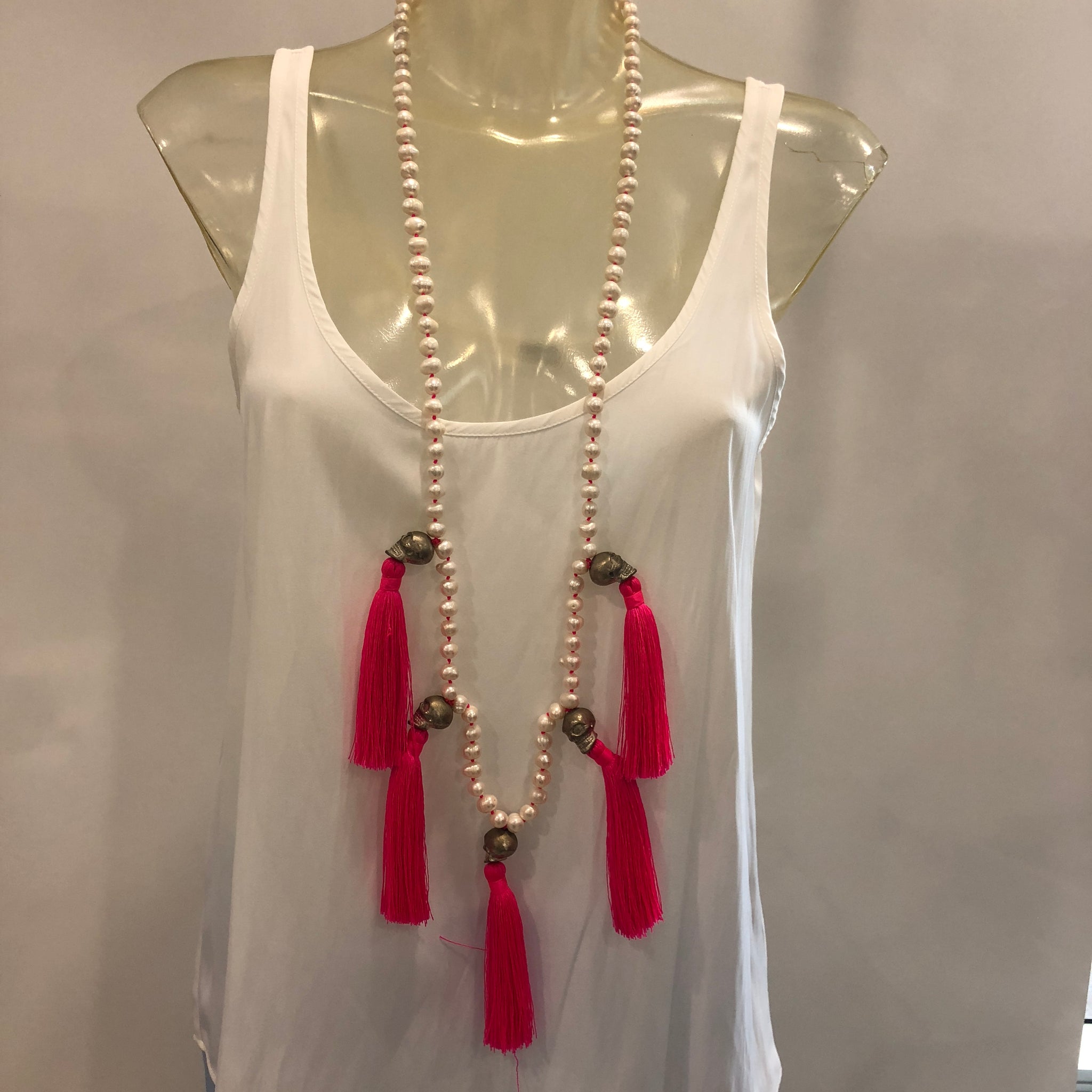TM. Pearl & Skull Pink Tassel Necklace